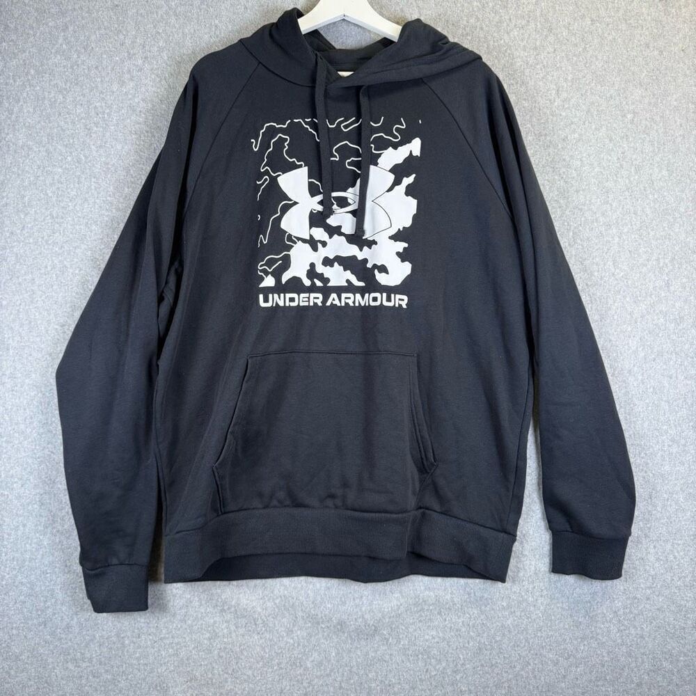 Under Armour Mens XL Pullover Big Logo Graphic Hoodie Sweatshirt Black Loose Fit